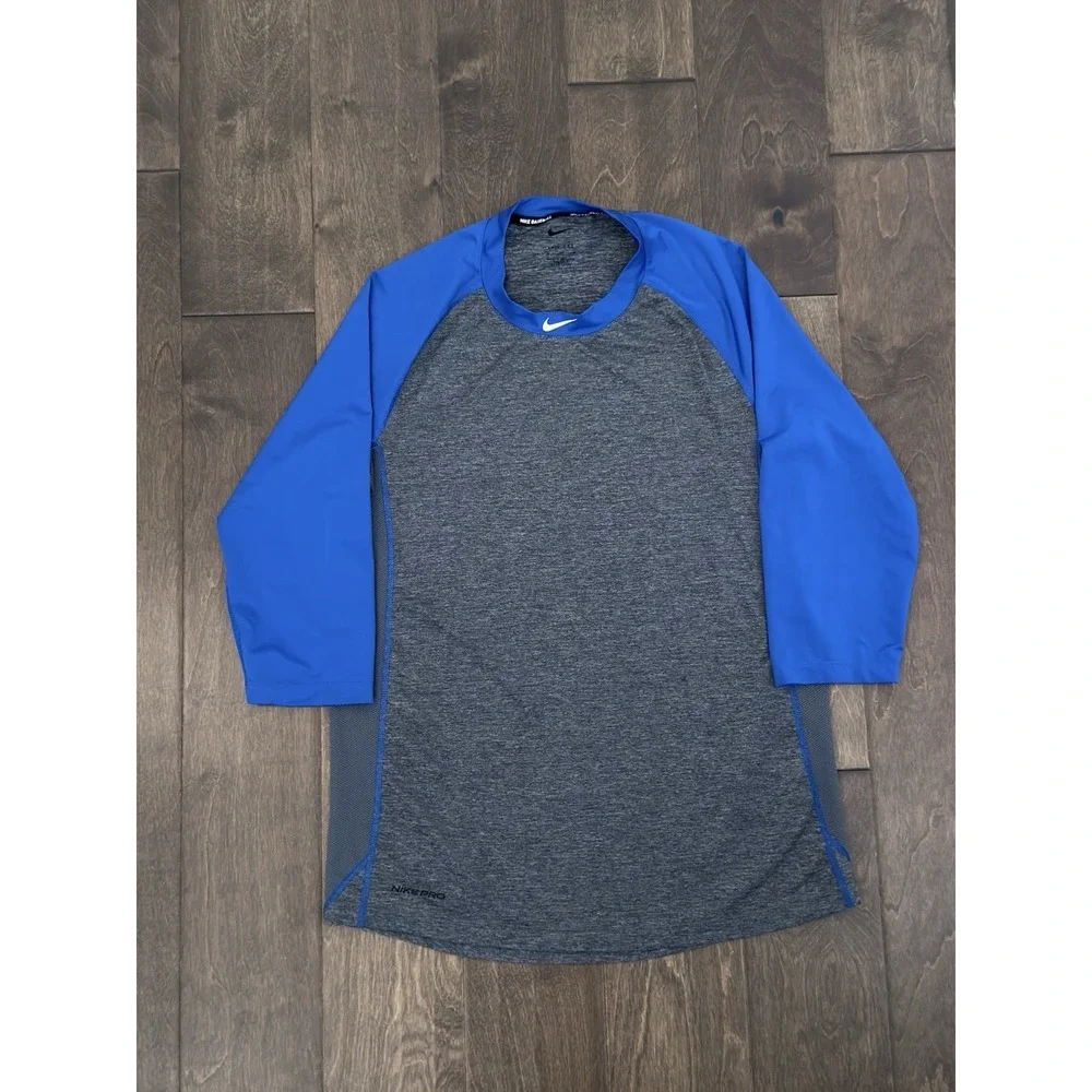 Nike Pro Mens Dri Fit Baseball Shirt Blue Grey 3/4 Sleeve Logo Size M